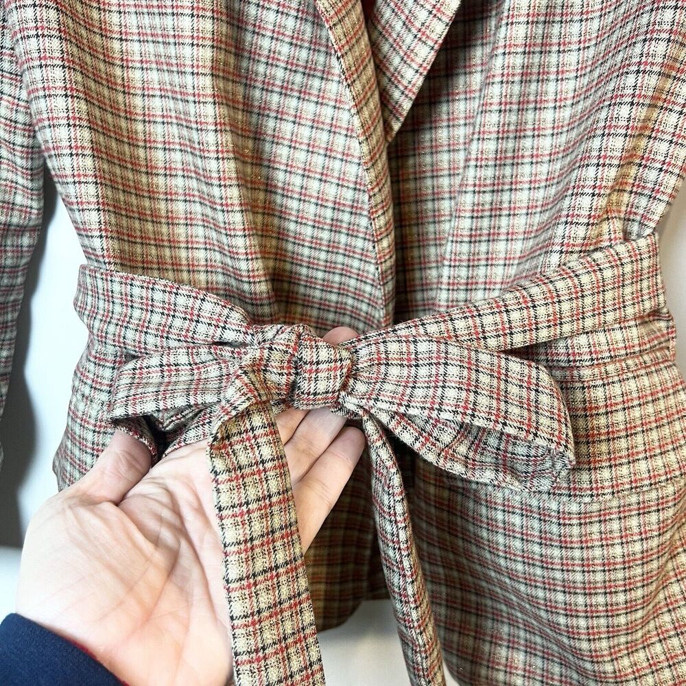 FRNCH Paris Plaid Blazer Jacket Tan Red Black Belted Women’s M - Picture 2 of 12